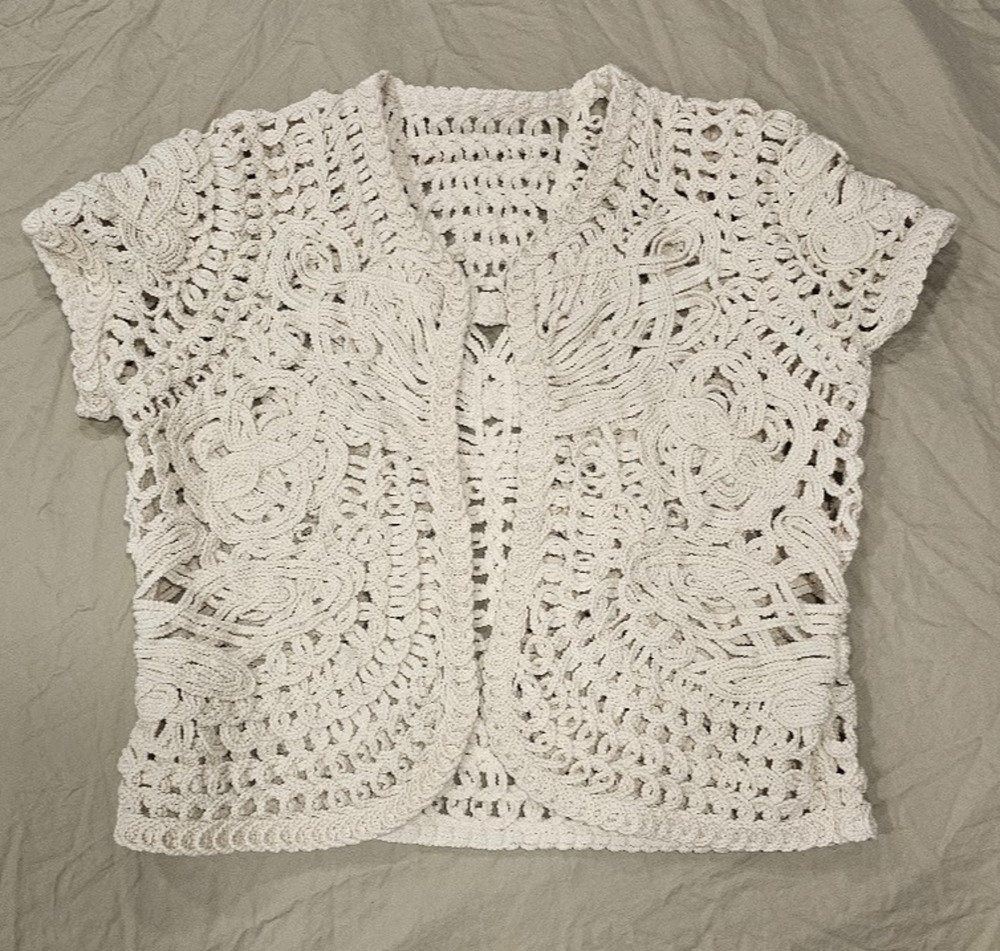 Coldwater Creek Ivory Crocheted Lace Open Shrug Sweater Cardigan S/M